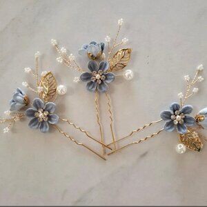 NEW Bridal Hair Pins, Crystal Pearl Blue Flower Wedding Accessory - Set of 3